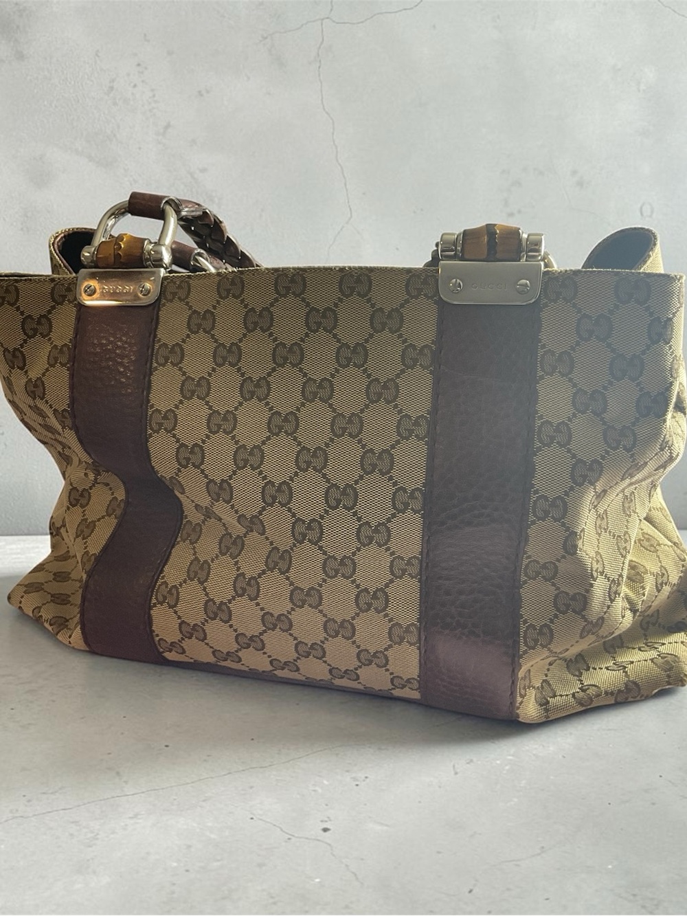 Gucci Bamboo Beige GG Supreme Canvas Duffel with Brown Leather Trim